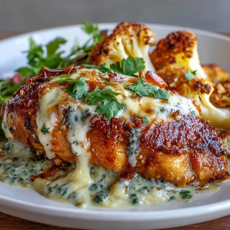 Succulent chicken breasts smothered in rich poblano cream sauce, served alongside golden roasted cauliflower.