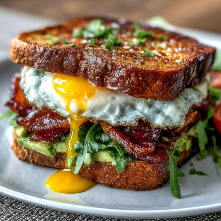 Golden toasted sourdough piled high with bacon, avocado, and tomato, crowned by a perfectly runny egg in this breakfast stack.