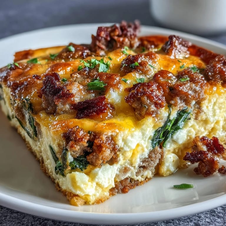 Fluffy baked eggs mixed with savory sausage, fresh spinach, and melted cheddar in a low-carb breakfast casserole.