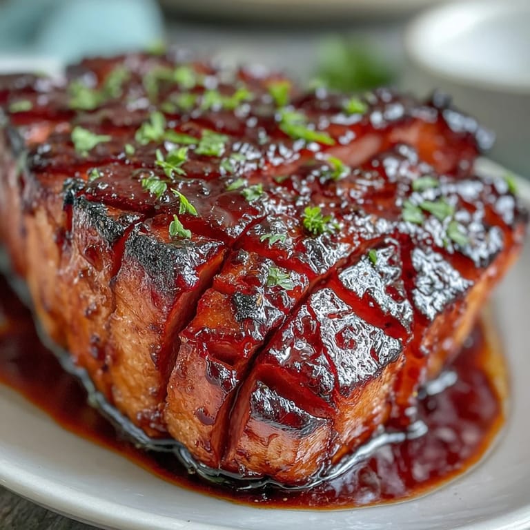 Succulent baked ham coated in a glossy black currant jam glaze, featuring a rich blend of sweet and tangy flavors.