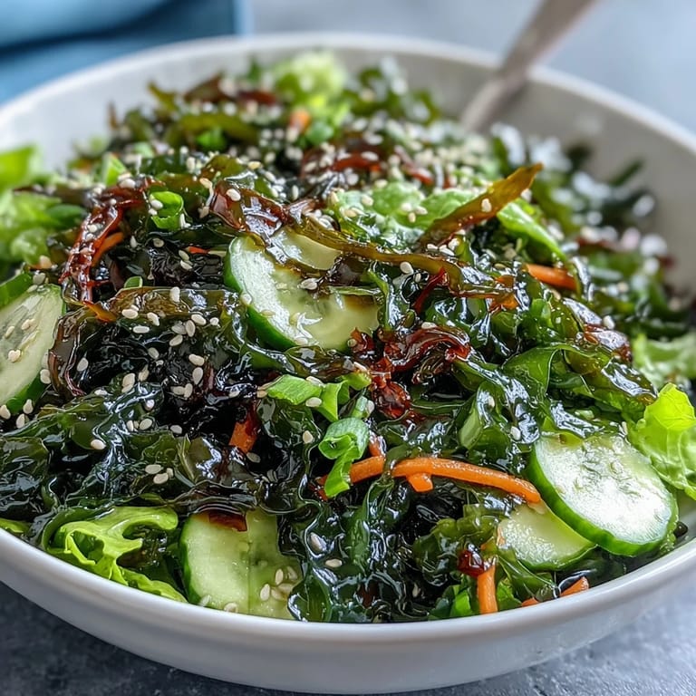 Asian-inspired seaweed salad featuring roasted nori, sesame seeds, and fresh vegetables in a tangy dressing.  