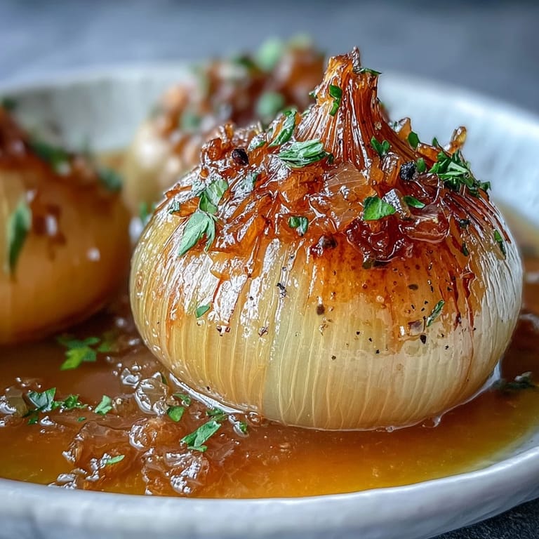 Silky tender onions bathed in fragrant, herb-infused broth, perfect for immersive ASMR-style dining.  
