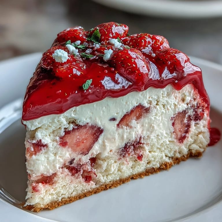 Light and luscious strawberry mousse layered over tender sponge cake, topped with a vibrant strawberry glaze—an elegant dessert for Valentine's Day.