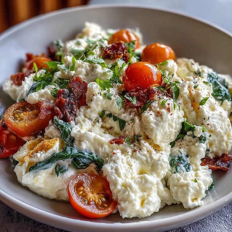 Wholesome cottage cheese egg scramble featuring creamy cottage cheese, fresh spinach, and juicy cherry tomatoes.  