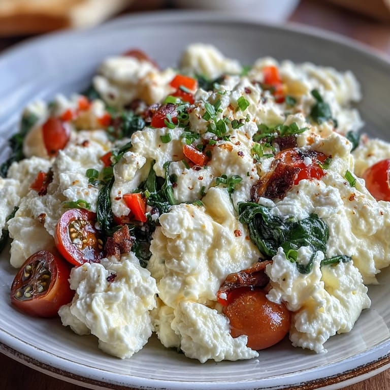 Hearty cottage cheese egg scramble with colorful vegetables, perfect for a quick and nutritious morning meal.