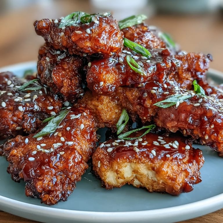 Juicy air-fried chicken pieces tossed in a fiery gochujang glaze, perfect for a flavorful Korean-inspired dinner.