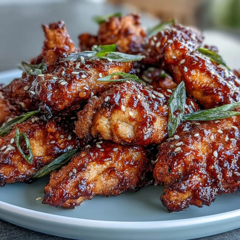 Golden chicken bites coated in a sticky gochujang glaze, offering a lighter take on classic Korean fried chicken.  