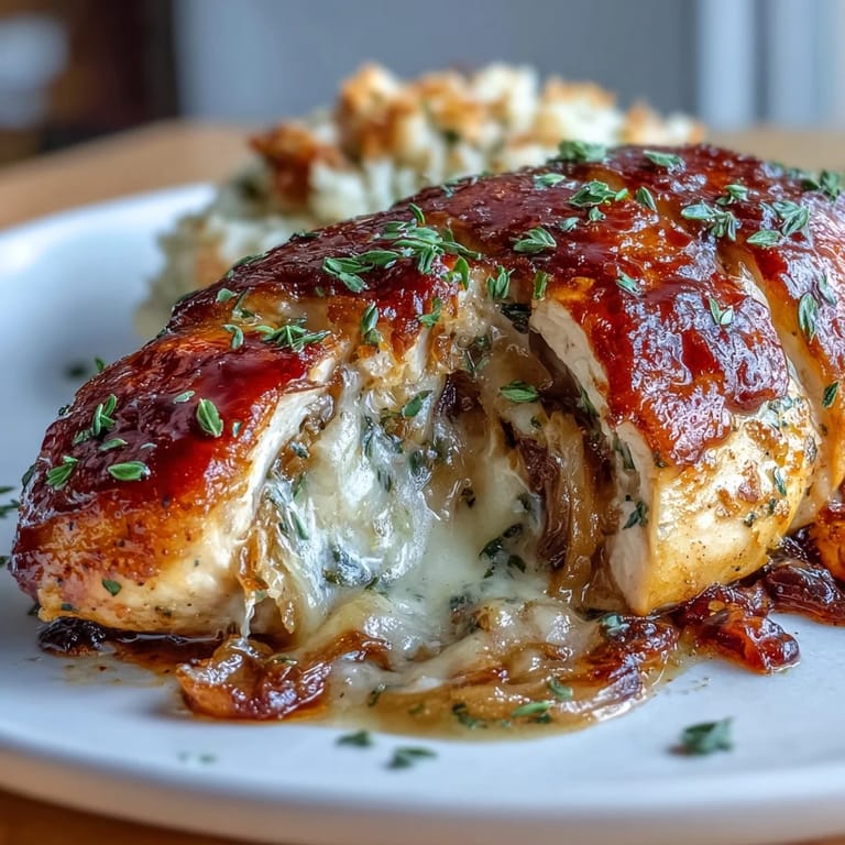 Juicy stuffed chicken breasts oozing with caramelized onions and melted cheese, a comforting French-inspired dinner.