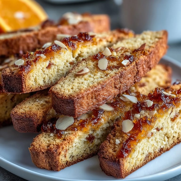 Crisp biscotti slices with sweet candied orange and almonds, served with a cup of espresso.