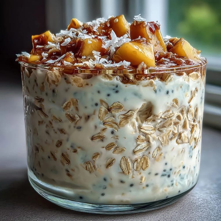 Vibrant mango and coconut overnight oats in a glass jar, layered with creamy oats and a sprinkle of toasted coconut flakes.  