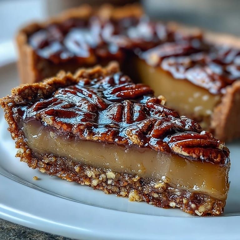 Silky candied yams filling topped with sugared pecans in crisp, buttery pecan crust—a festive fall treat.  