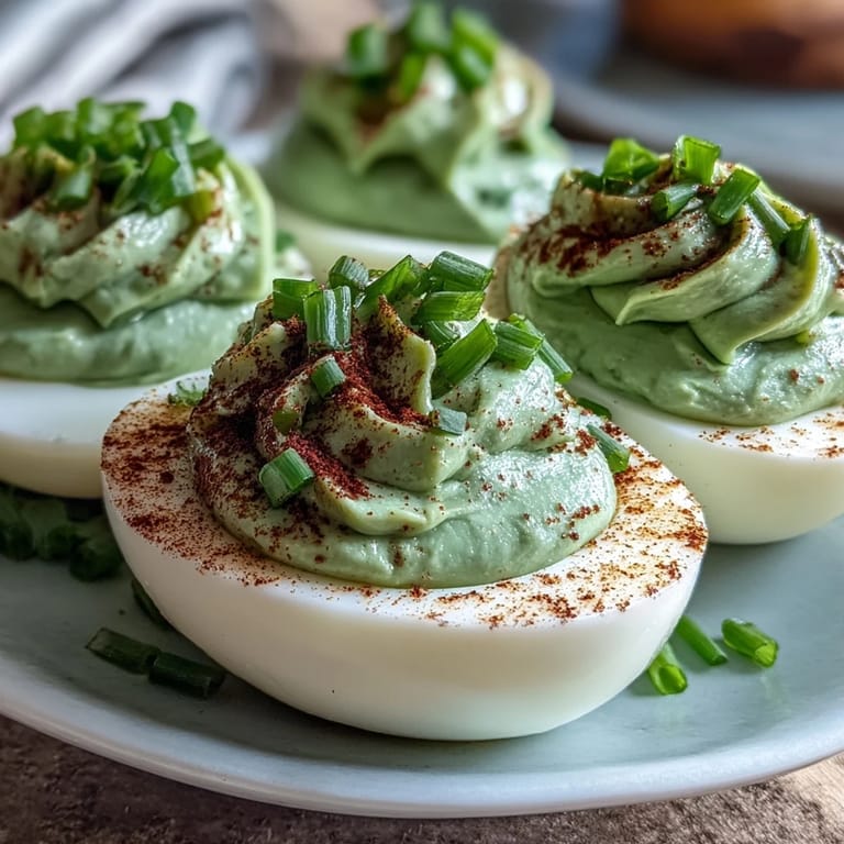 Healthy deviled eggs featuring rich avocado filling, perfect for parties, brunches, or as a colorful, nutritious snack.