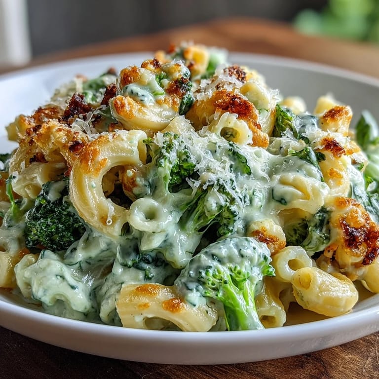 Bright green mac and cheese with fresh spinach and broccoli florets, served hot with a sprinkle of parsley and extra Parmesan.