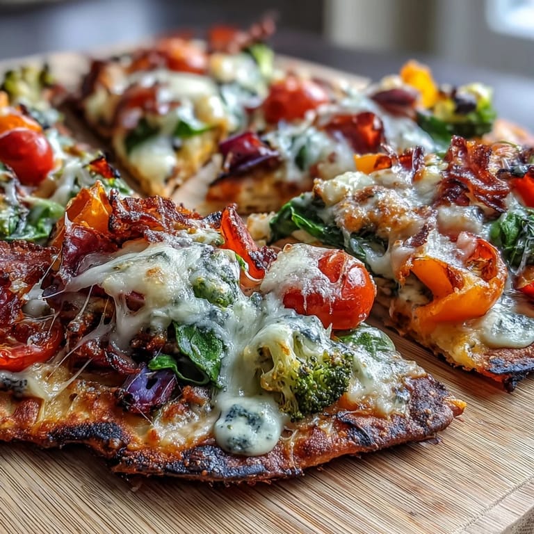 Colorful St. Patrick's Day Rainbow Veggie Flatbread Pizza featuring fresh vegetables arranged in rainbow order over a hummus base with melted mozzarella.