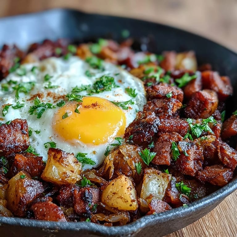 Golden-brown corned beef hash sizzles with tender potatoes, sautéed peppers, and onions, topped with perfectly cooked eggs in a cast iron skillet.  