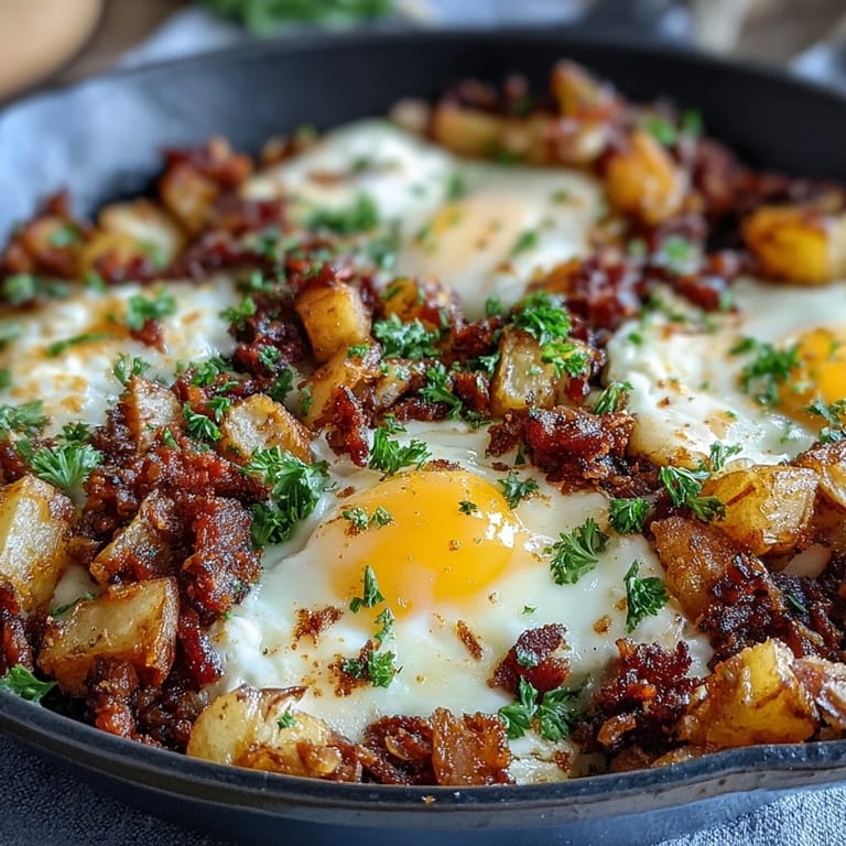 A rustic corned beef hash breakfast skillet featuring crispy edges, vibrant vegetables, and runny egg yolks—ideal for a satisfying weekend brunch.