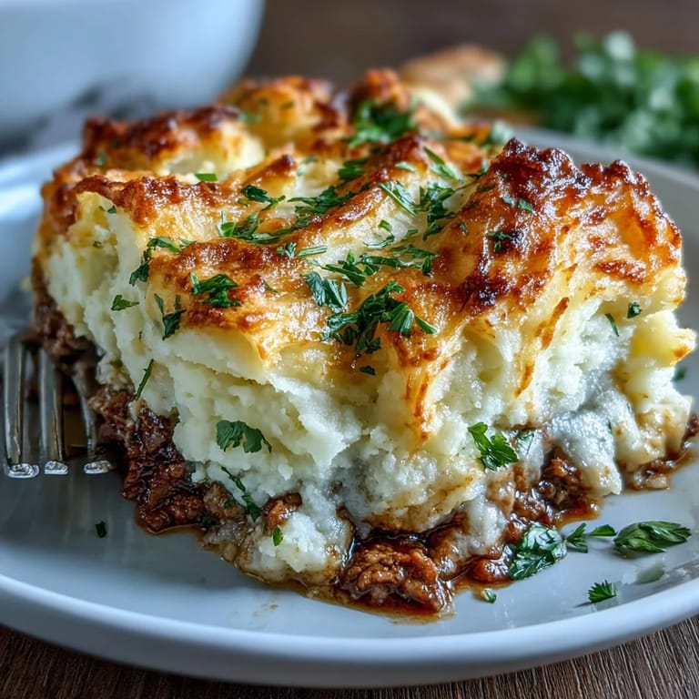 Classic shepherd's pie with cauliflower mash topping, baked until golden and bubbling, offering a lighter twist on traditional comfort food.