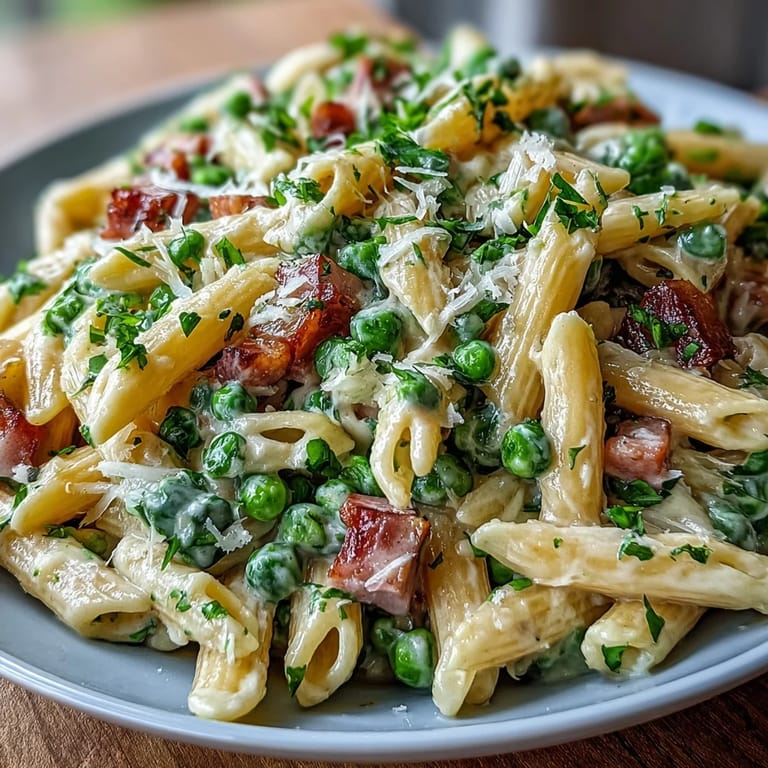 A comforting one-pot meal of creamy pasta with leeks, peas, and diced ham, perfect for family dinners.  