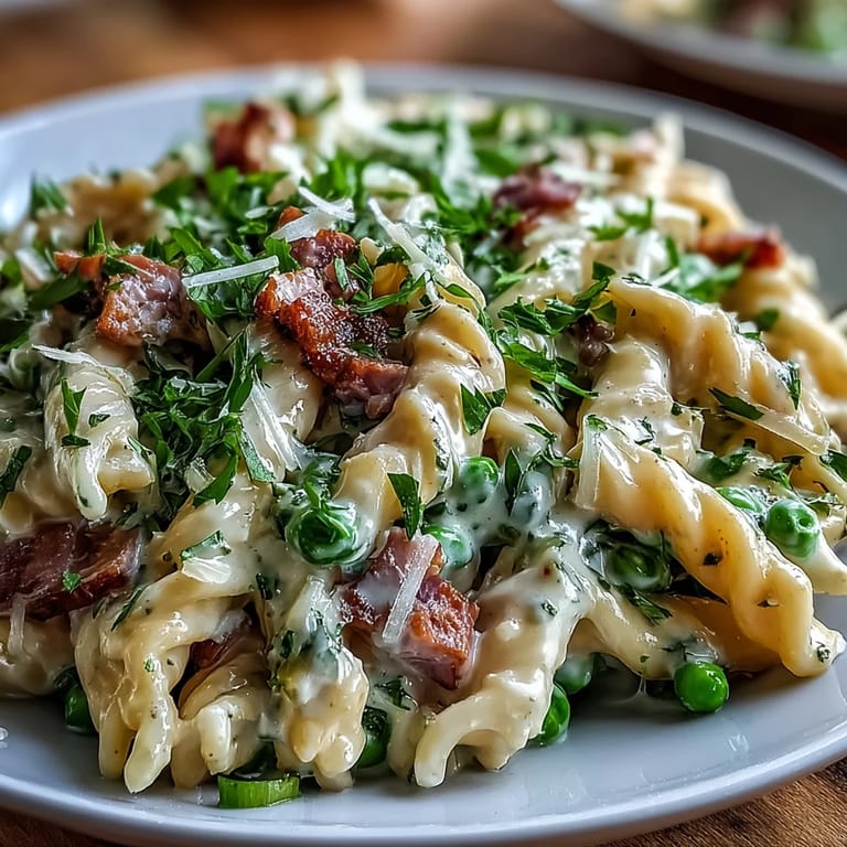 Savory ham and sweet peas tossed with pasta in a velvety cream sauce, garnished with Parmesan.