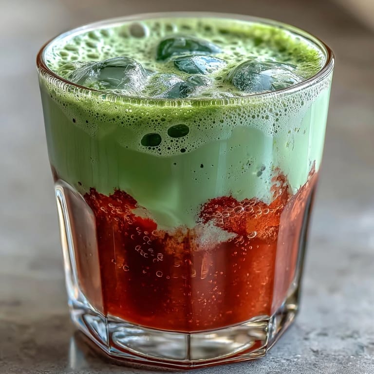 Two layered strawberry matcha lattes with pink strawberry base, bright green matcha middle, and thick white oat milk foam topped with fresh strawberry slices.