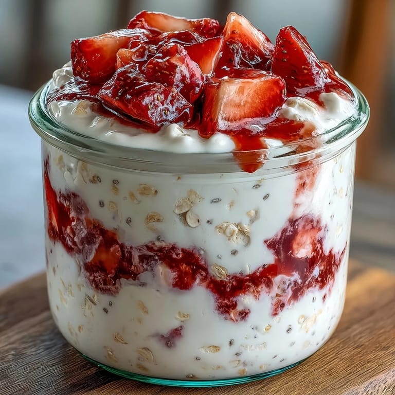 Strawberry vanilla protein chia oats layered in a jar with juicy fruit and creamy yogurt, ideal for a healthy and satisfying start to your day.