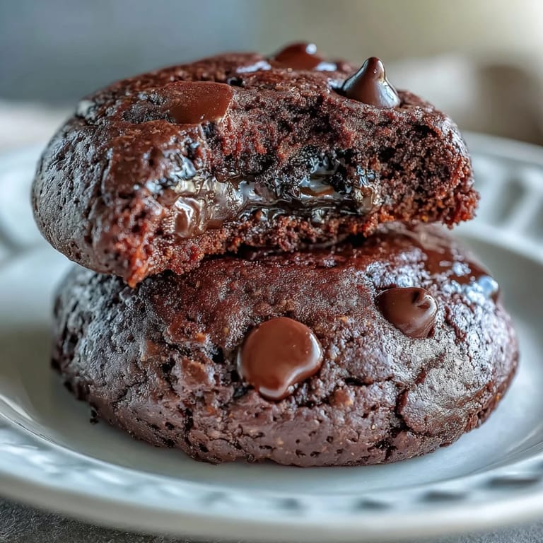 Soft-baked double chocolate cookies made with cottage cheese for extra protein, featuring a gooey center and crisp edges.