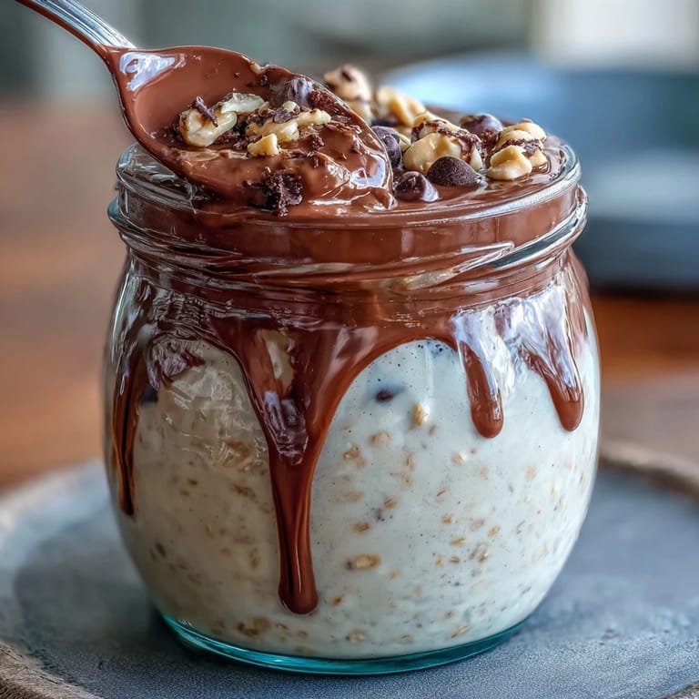 Indulgent Peanut Butter Cup Overnight Oats Jar layered with chocolate, peanut butter, and Greek yogurt, garnished with sliced bananas and roasted peanuts for extra crunch.