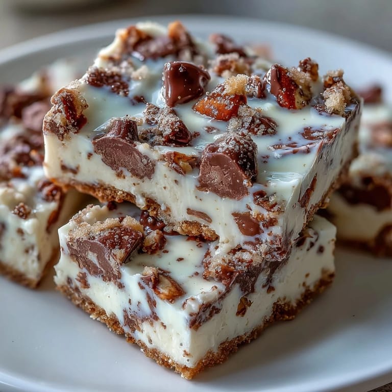 Rich cookie dough-inspired Greek yogurt bark with cottage cheese, studded with mini chocolate chips and a sprinkle of chopped nuts for crunch.  