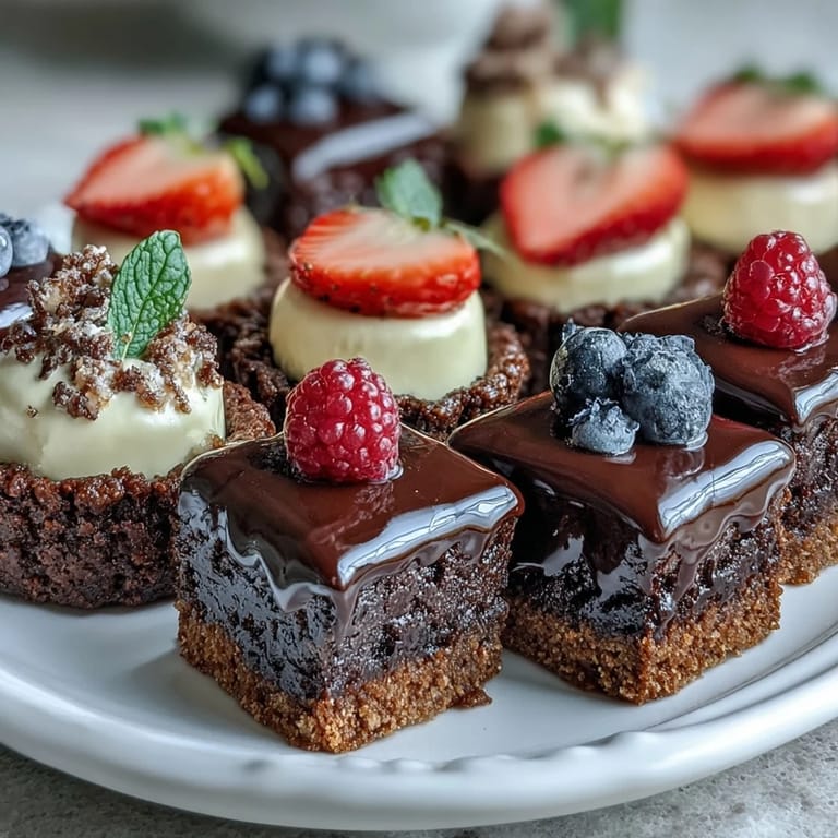 An assortment of bite-sized sweet treats including fudgy brownies, creamy lemon cheesecake, and berry-topped tartlets arranged on a tiered stand.