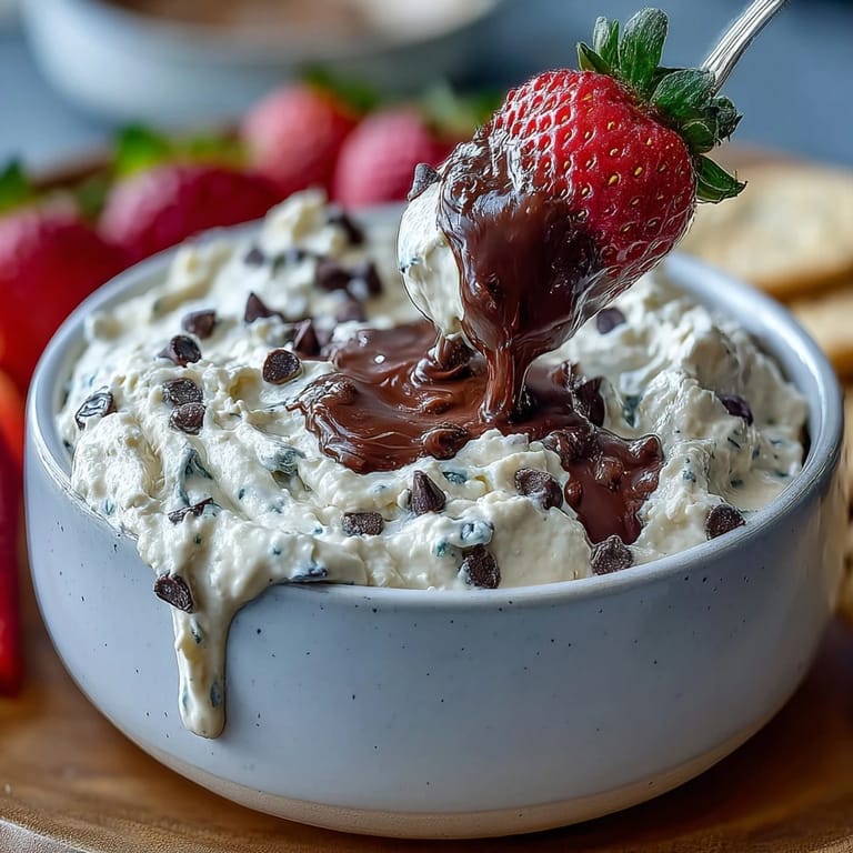 Easy cottage cheese cookie dough dip with mini chocolate chips, ideal for serving with bananas and grapes as a quick snack.