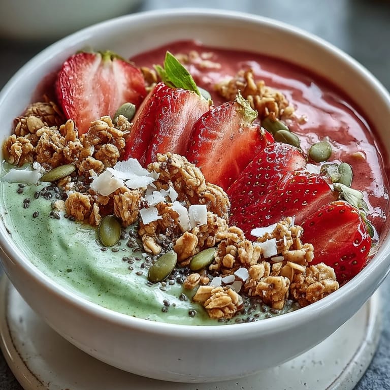 Refreshing strawberry matcha latte smoothie bowl layered with fresh fruit, seeds, and mint for a healthy snack.