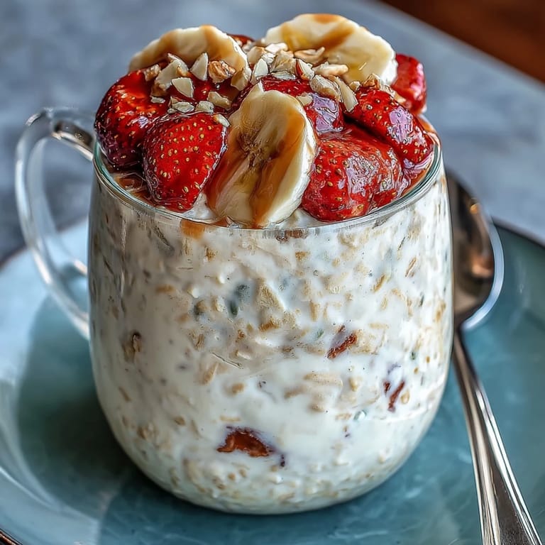 Creamy overnight oats with strawberries, banana, and chia seeds, layered beautifully in a glass jar.  