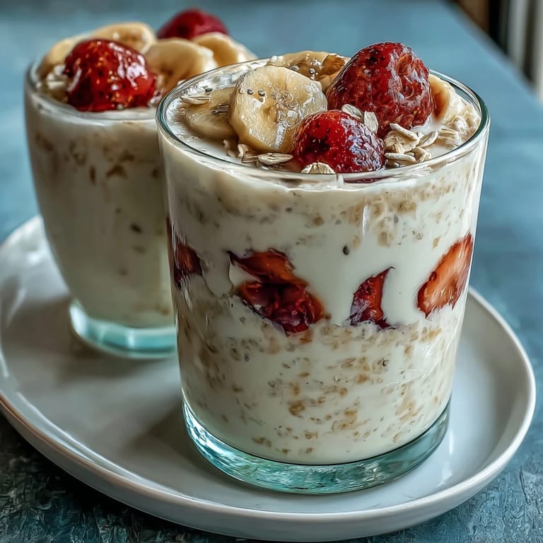 Nutritious strawberry banana chia overnight oats, chilled and ready to enjoy for a quick morning meal.