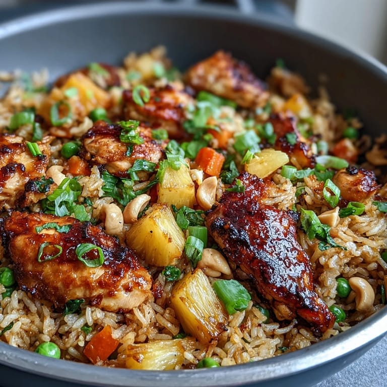 Golden Hawaiian Pineapple Chicken Fried Rice topped with green onions and roasted cashews for a tropical dinner delight.