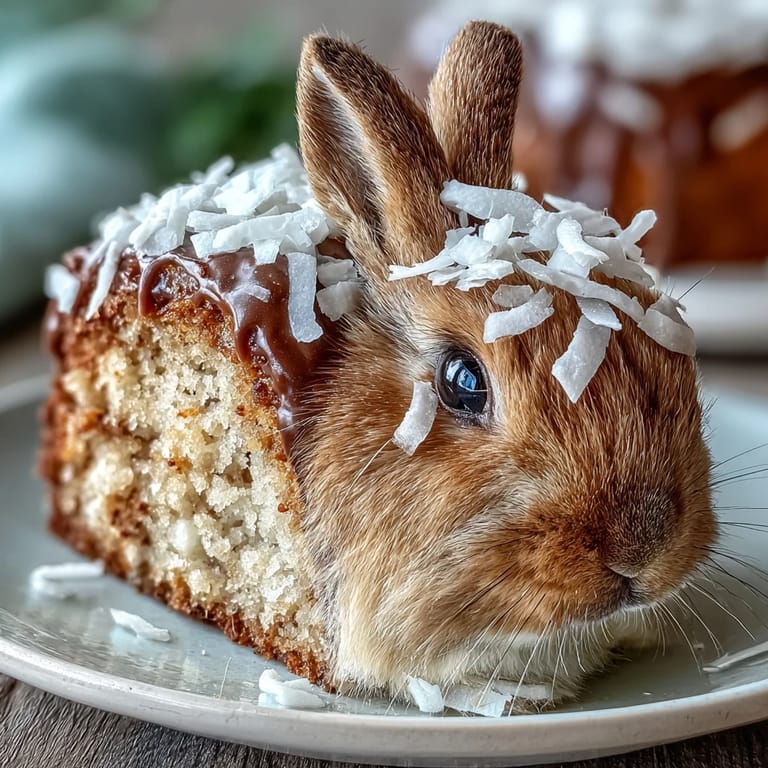 Whimsical bunny-shaped vanilla cake covered in fluffy coconut frosting and decorated with candy accents.  