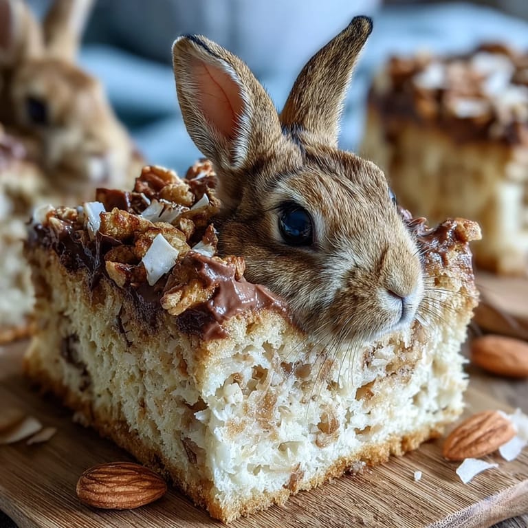 Moist vanilla bunny-shaped cake covered in pink-tinted coconut, decorated with marshmallows and shimmering gold sprinkles.