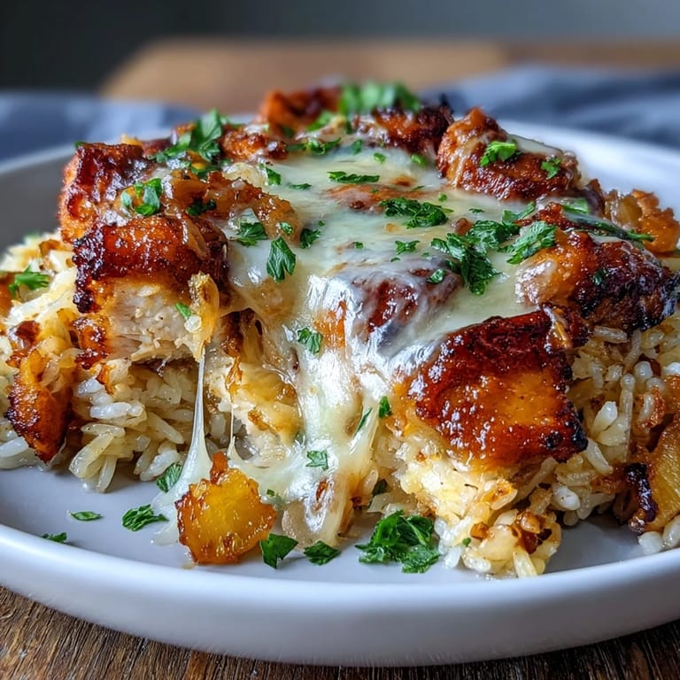 Baked pineapple chicken and rice casserole featuring tender chicken, juicy pineapple, and a golden, bubbly cheese crust.