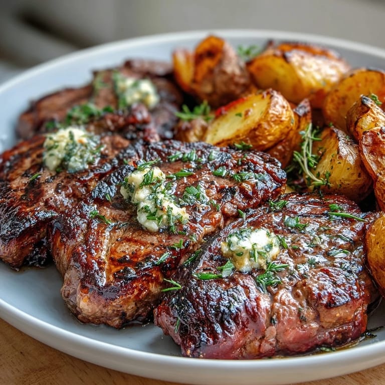 Flavorful steak bites and potatoes in rich garlic butter, garnished with fresh parsley and lemon zest for a vibrant finish.