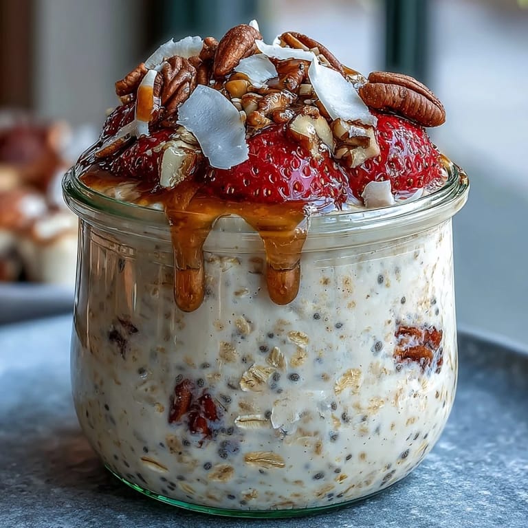 Bright red strawberries and chia seeds mixed into hearty oats, creating a refreshing and energizing overnight breakfast.