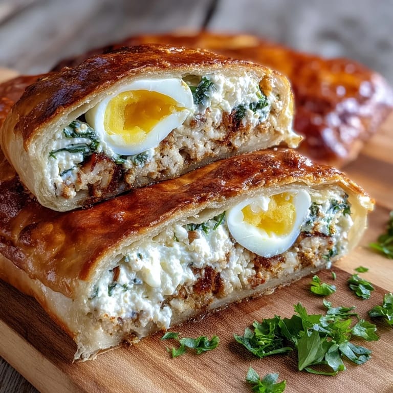 Hearty Easter savory pie with hard-boiled eggs and ham, flaky pastry layers revealing a rich filling of ricotta, Parmesan, and savory diced ham.