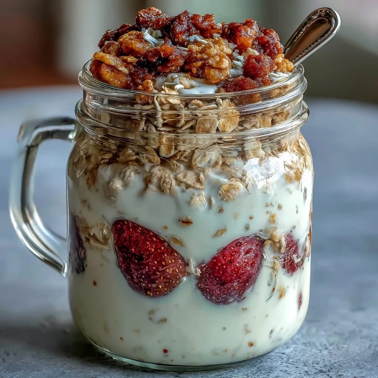 Layers of strawberry overnight oats with chia seeds and crunchy granola, a delicious and wholesome breakfast ready to enjoy.