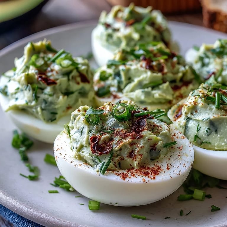 Bright green avocado deviled eggs garnished with chives and dill, perfect for Easter brunch or spring party platters.
