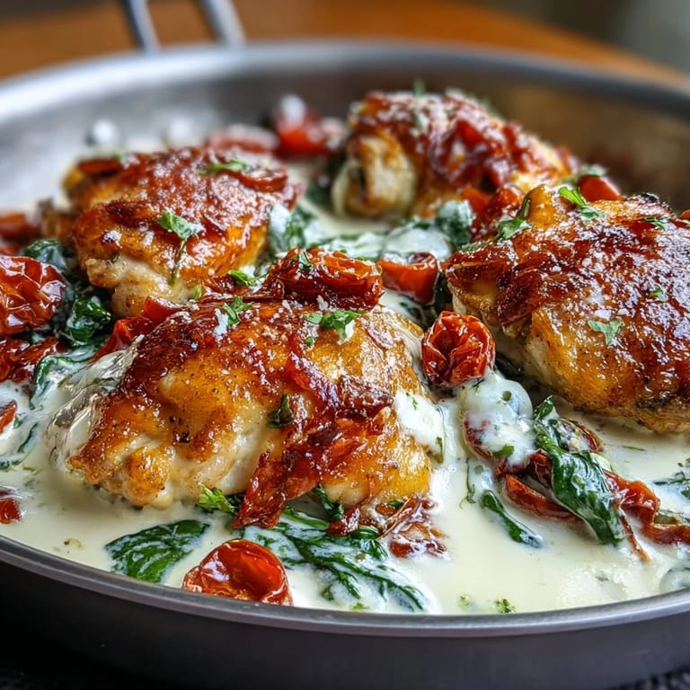 Velvety Creamy Tuscan Chicken Skillet with fragrant garlic, sun-dried tomatoes, and fresh spinach, served hot from the pan.