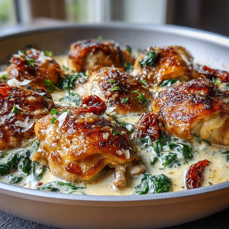 A comforting one-pan Creamy Tuscan Chicken Skillet featuring golden chicken breasts simmered in a luscious Parmesan cream sauce.