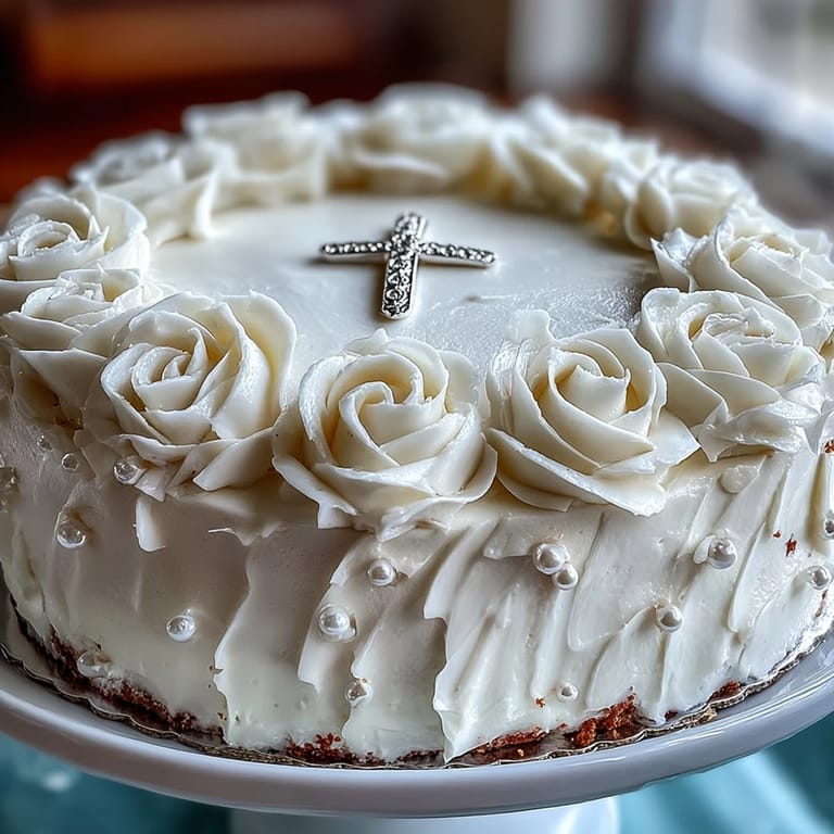 Tender vanilla cake layers frosted with smooth buttercream, adorned with handcrafted white roses and a cross cake topper.