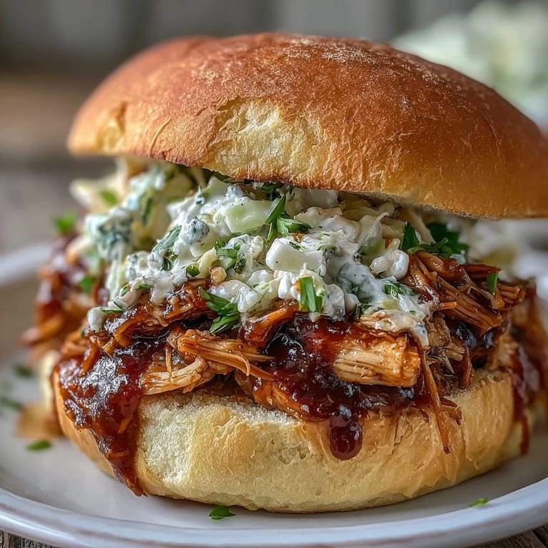 Tender slow-cooked chicken smothered in smoky barbecue sauce, served on fluffy buns for a hearty, satisfying meal.  