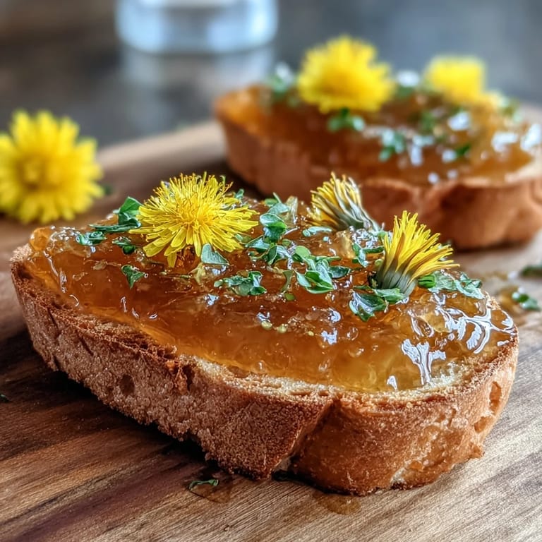 Delicate dandelion petals steeped in water, sweetened with honey and lemon, creating a floral jelly for toast or cheese boards.