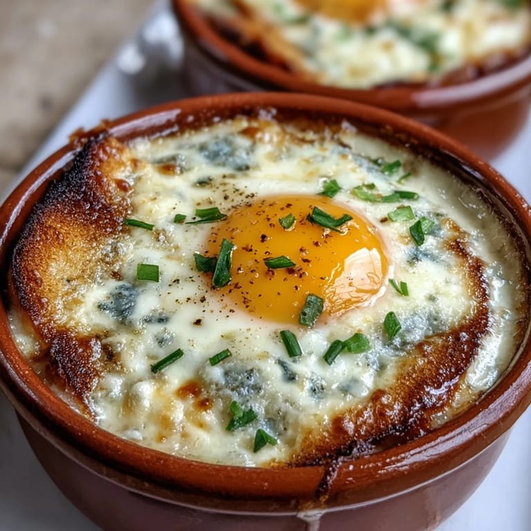 Festive Easter Eggs en Cocotte baked until yolks are softly set, garnished with chives and parsley.