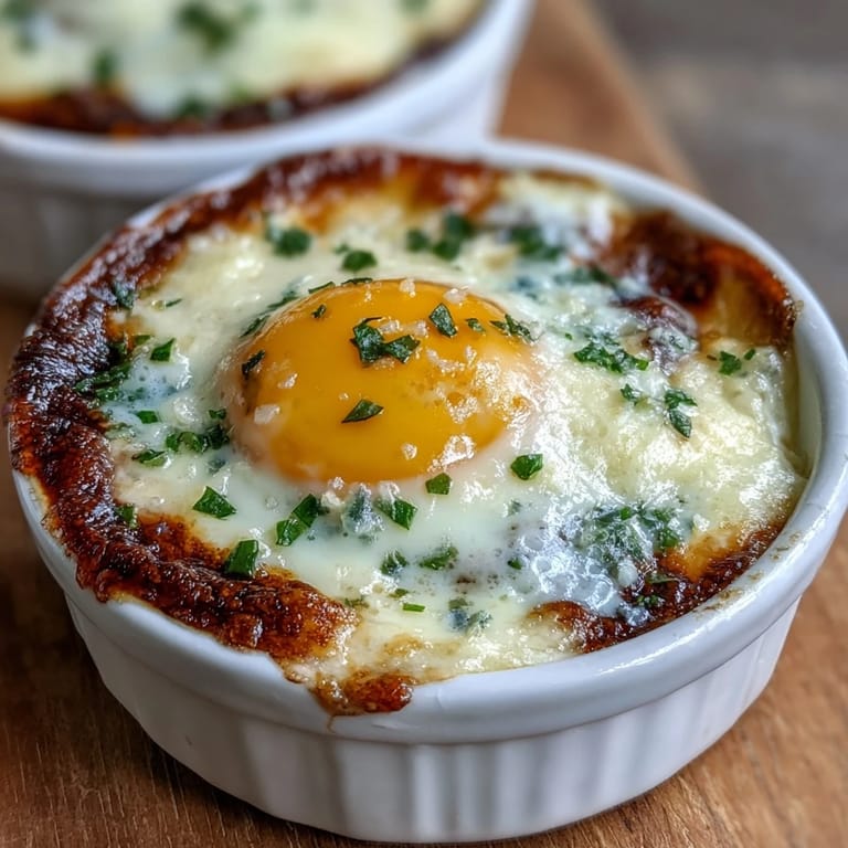 Elegant Easter Eggs en Cocotte featuring creamy custard, fresh herbs, and melted parmesan cheese.  