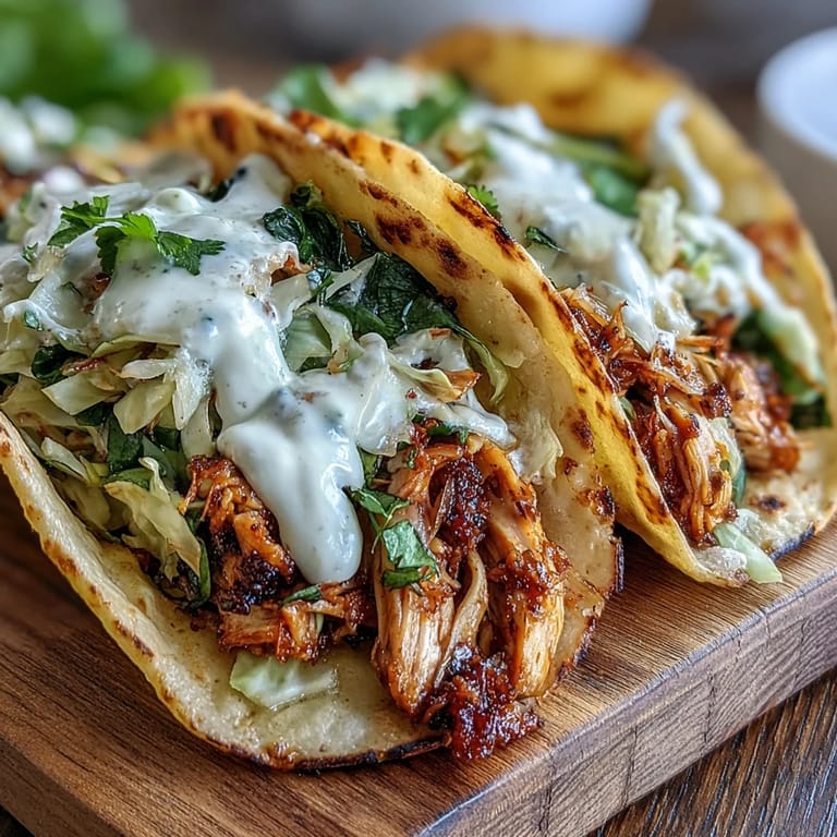 Flavorful shredded chicken and tangy cabbage slaw topped with creamy lemon crema in soft tortillas.  